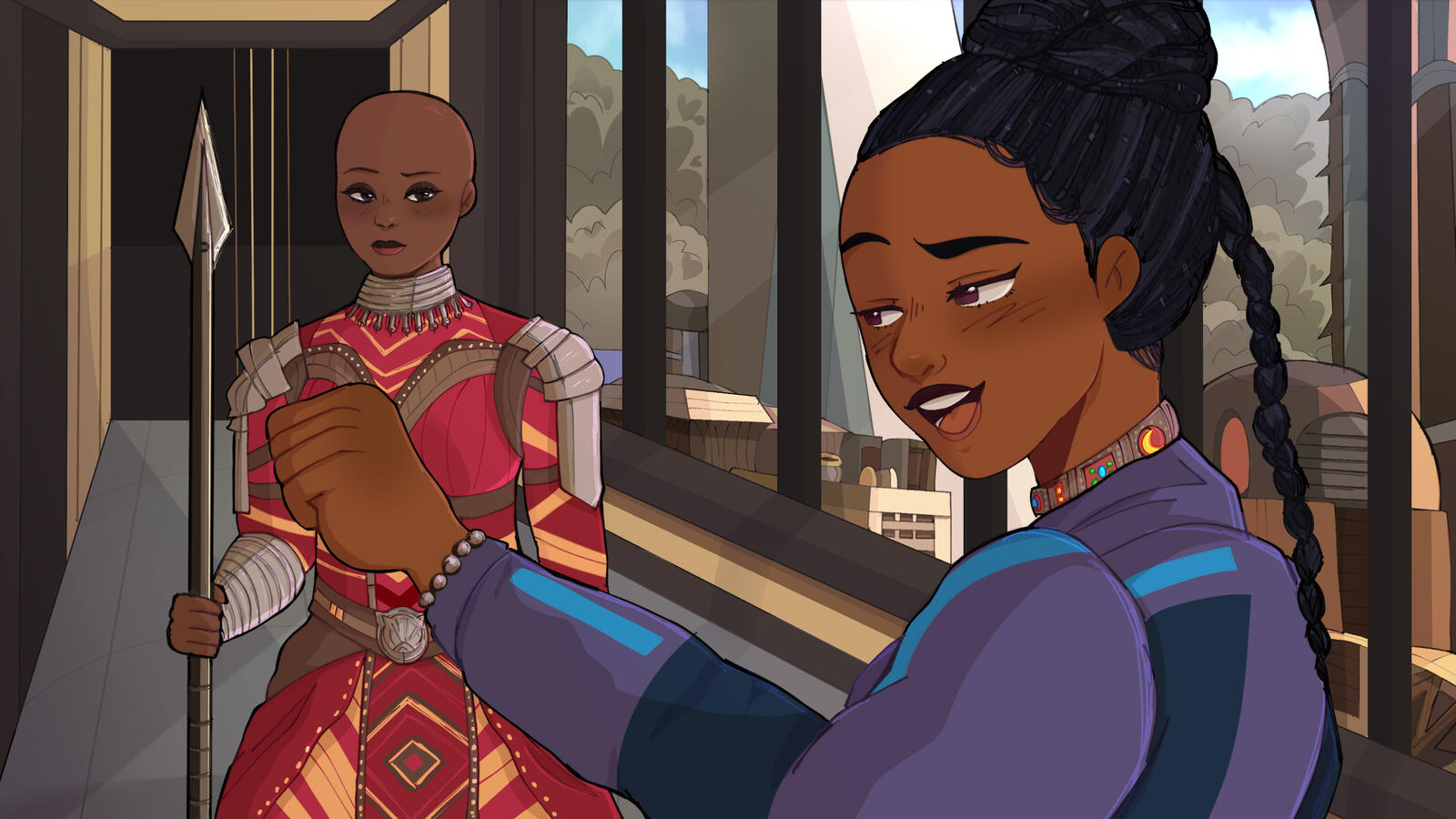 Ayo & Shuri | 14 x 25 in (2022) Commissioned by a Lead Artist from the company Blizzard, KLeCrone asked for a warm illustrated scene between MARVEL characters Ayo and Shuri Clip Studio Paint & Photoshop