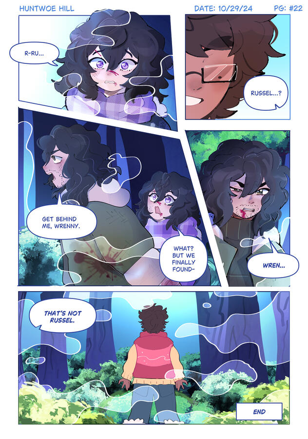 Huntwoe Hill Comic | 8 x 10 in (2024) As part of an assignment for class, I had to make a comic page based on my own characters Clip Studio Paint