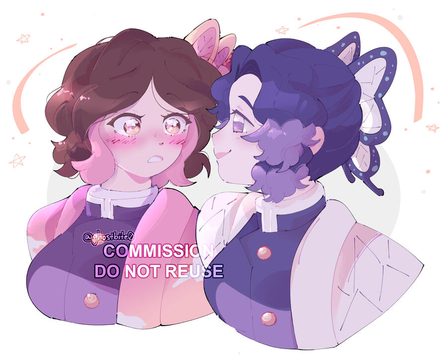 Butterfly Girls | 8 x 9 in (2024) The client commissioned me to draw her character with Shinobu Kocho from Demon Slayer. I experimented with purple and pink palettes Clip Studio Paint