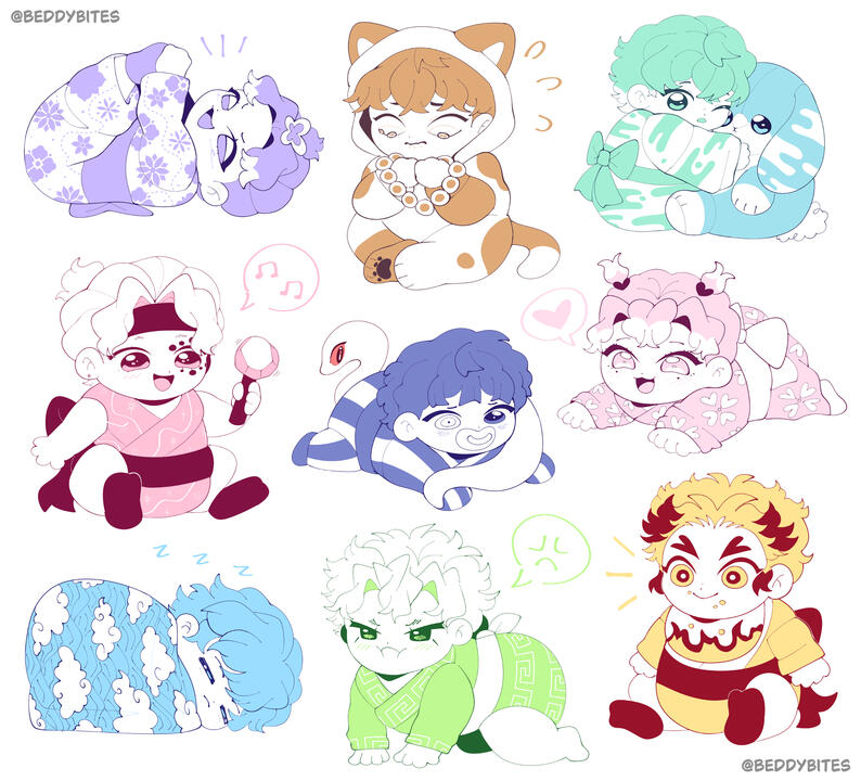 Baby Hashiras | 11 x 11 in (2025) Characters were drawn as babies and assigned different palettes to be sold as stickers Clip Studio Paint