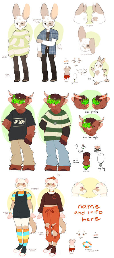 Children Book Character Designs | 5 x 12 in (2022) These designs were created as commissions from separate clients. Each design was based on the concept of a children's book with anthromorphic animals! Clip Studio Paint